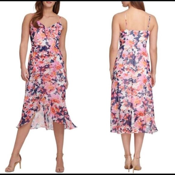 Kenzie Floral Pink Blue & White Midi Dress with Hi Low Ruffle Skirt Sz 4 EUC - Picture 1 of 9